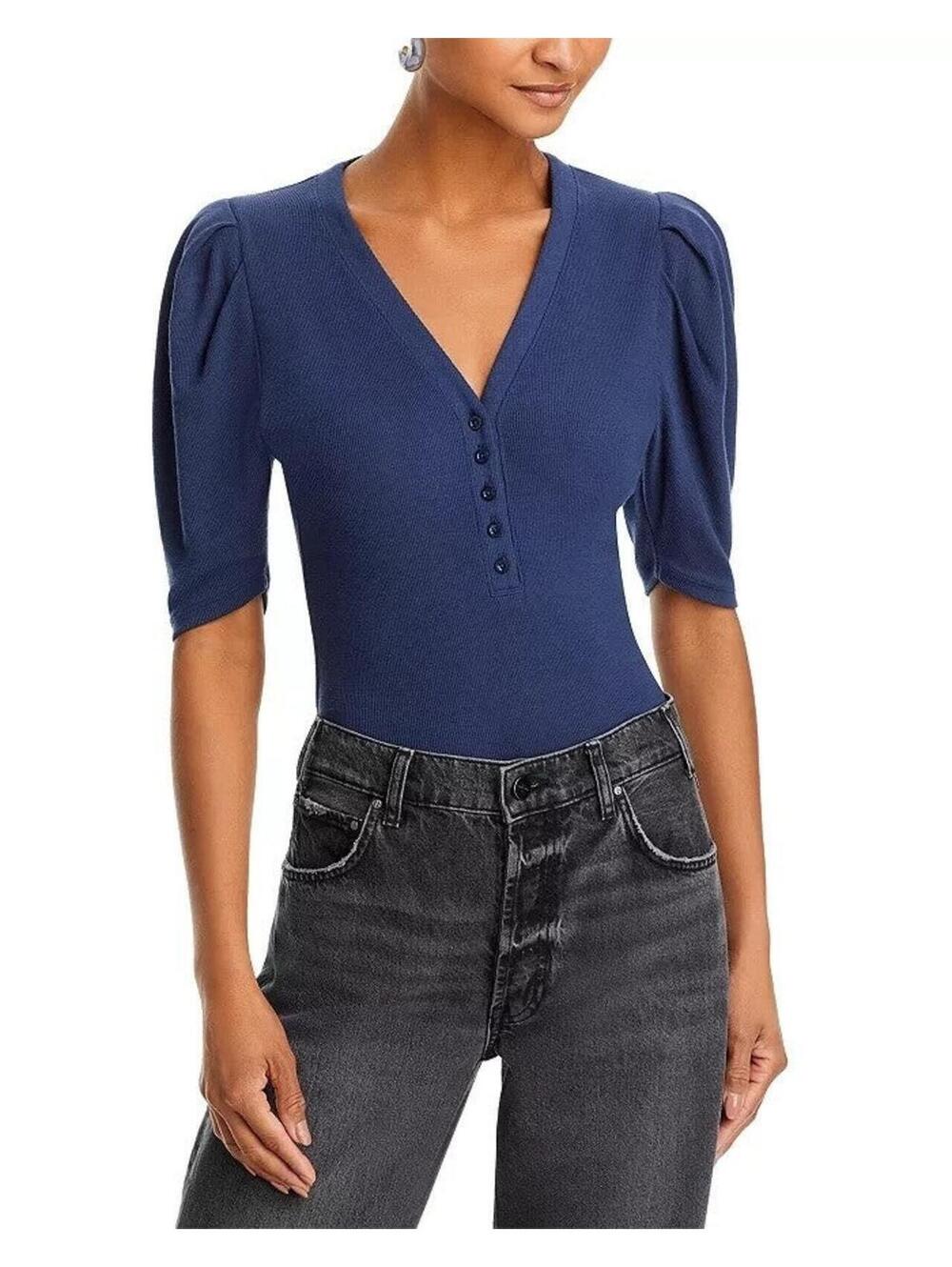 175$ Frame Rib Knit Ruched Sleeve Henley Tee Top Women's Size S Navy Blue